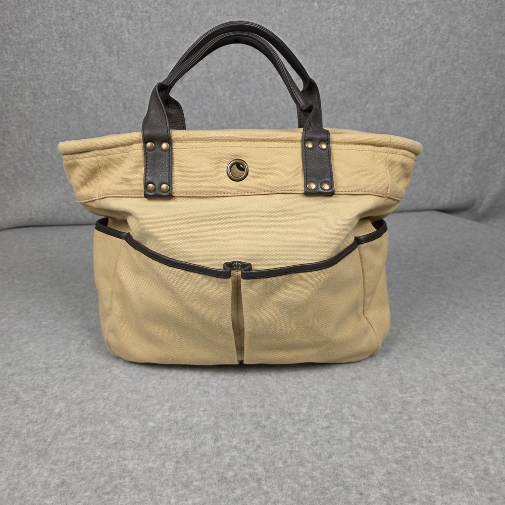 Levenger Tote Bag‎ Womens Medium Beige Canvas Leather Top Handle Pockets Casual